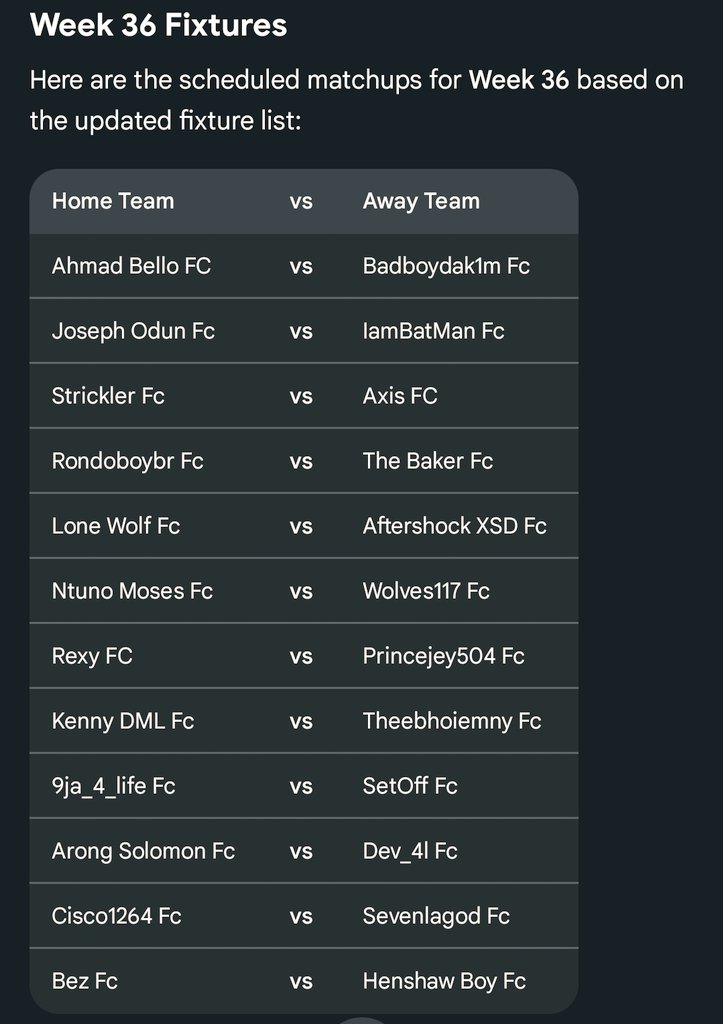 SUPER LEAGUE NIGERIA SEASON 2 WEEK 36 FIXTURES POWERED BY QUICKFIX 
DATE 📅: MONDAY, 9TH MARCH 2026
TIME: 6PM-12AM 
SAME RULES APPLIES 
#NewtaminsXGinny #FELIX #BBMzanziS6 #OlympiacosBC #FayePeraya #fcmobile #fc26