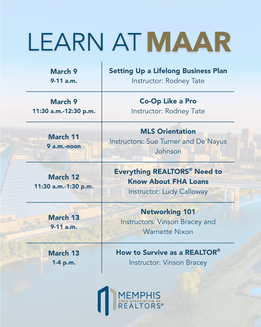 memphisrealtors's tweet photo. Take advantage of all the opportunities to learn at MAAR this week!

Learn more ➡️ https://t.co/2rfJWlhhz7 https://t.co/vvQF53hDq0