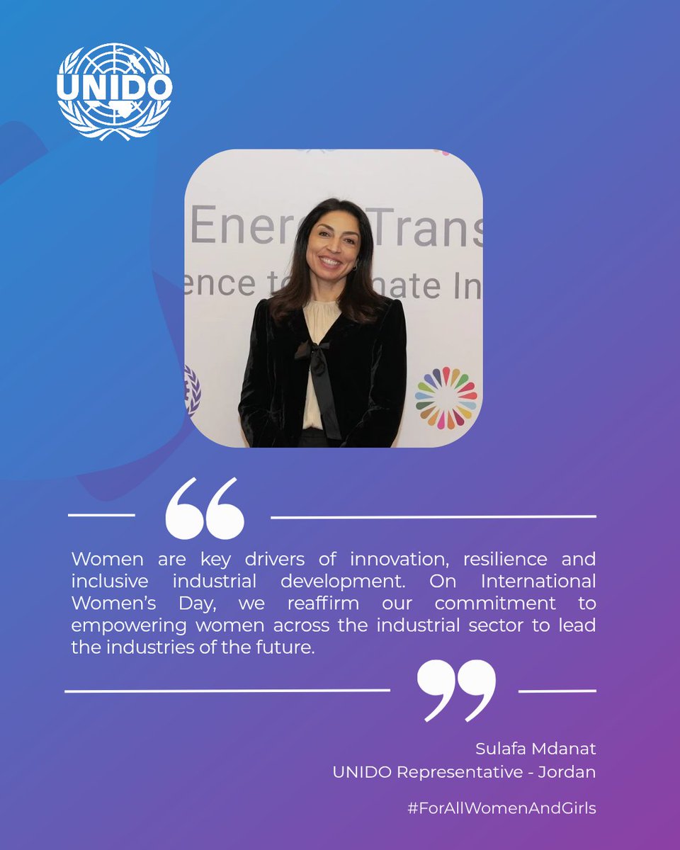 UNIDO_Jordan's tweet photo. في #يوم_المرأة_العالمي، يؤكد اليونيدو في الأردن التزامه بدعم وتمكين النساء في القطاع الصناعي.

On #InternationalWomensDay, UNIDO in Jordan reaffirms its commitment to empowering women in the industrial sector.

#IWD2026  #ForAllWomenAndGirls  #لكل_النساء_والفتيات https://t.co/HXkfTHhkvQ