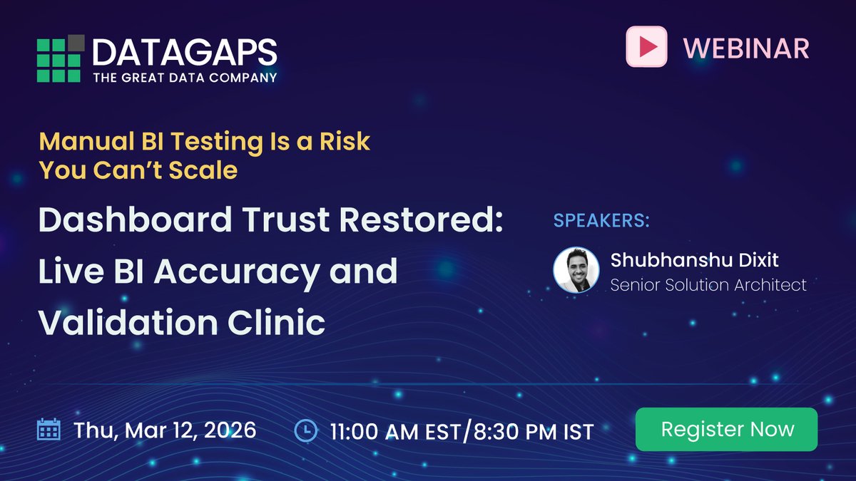 DatagapsTeam's tweet photo. Join: https://t.co/Ams1vCXgUo
See @DatagapsTeam #BIvalidator automates RegressionTesting, KPI comparisons, &amp;performance checks across environments—keeping dashboards accurate &amp;trustworthy.
Stop reacting. Start validating.
#BARC: Lack of trust remains a top barrier to BI adoption. https://t.co/epZUu5qAJk