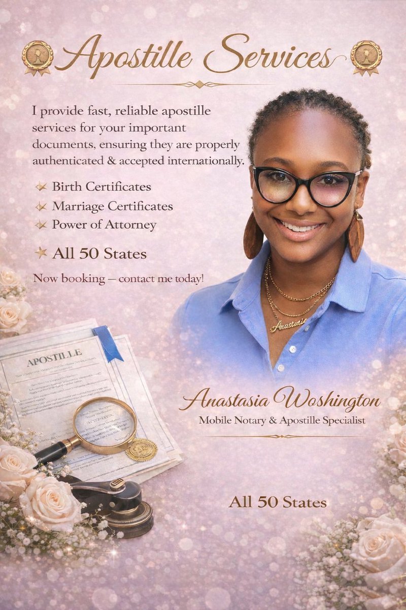 Amarie_notary's tweet photo. Need an apostille for international documents? 🌍
I help authenticate: ✔️ Birth Certificates ✔️ Marriage Certificates ✔️ Power of Attorney ✔️ &amp; more
Fast, reliable apostille services in all 50 states.
👩🏽‍💼 Anastasia Washington #apostille #mobilenotary #documentauthentication https://t.co/KjIQeMElui
