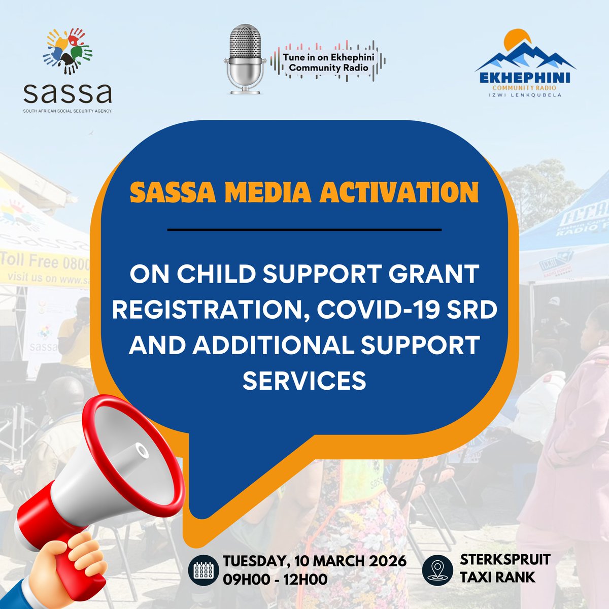 eccrf's tweet photo. Stay tune in on @EkhephiniFM 📻 as @OfficialSASSA will be having its Media Activation educating people about Child Support Grant Registration, Covid-19 SRD and additional support services.

This will take place at Sterkspruit Taxi Rank.
📅09H00 - 12H00

See you there ❤️ https://t.co/FmrArmCvJO