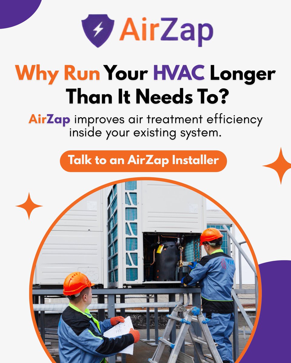 Airzapp's tweet photo. Why run your HVAC longer than necessary?

AirZap improves air treatment efficiency inside your existing system.

Talk to an AirZap installer today.

#HVAC #IndoorAirQuality #CleanAir #AirPurification #AirZap https://t.co/4J87psQ5qU