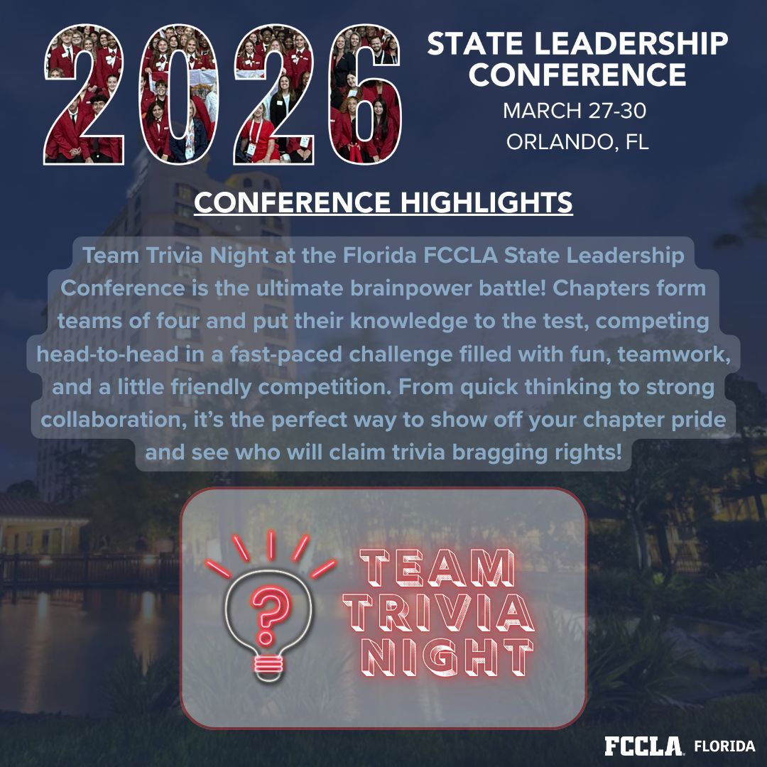 flfccla's tweet photo. Brains, buzzers, and friendly rivalry🧠 Team Trivia Night at State Leadership Conference is where chapters go head-to-head for the win!🏅Quick thinking and lots of laughs make this competition one you won't want to miss. Who's ready to be Team Trivia Champions?!🎉 #FLSLC26 #FCCLA https://t.co/GKMs7iej52