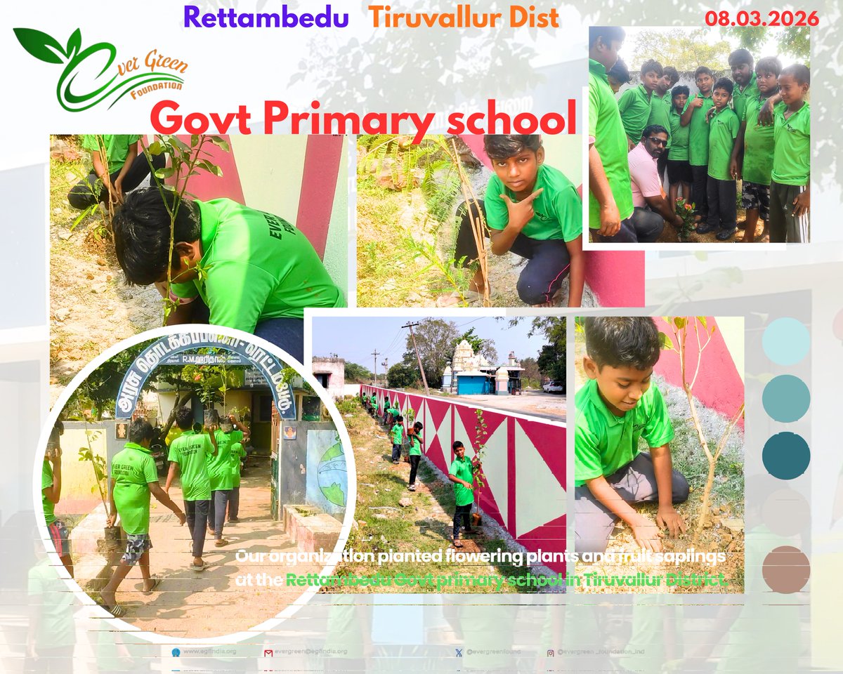 EvergreenFound's tweet photo. Our organization planted fruit tree saplings at the Government Primary School in Rettambedu, Tiruvallur district, to promote and sustain a self-reliant lifestyle. 🌱🌳
#🌱GreenFuture
#🌳TreePlantation
#🏫GreenSchool
#🌍SustainableLiving
#🤝evergreen https://t.co/JNb3DVaLV4