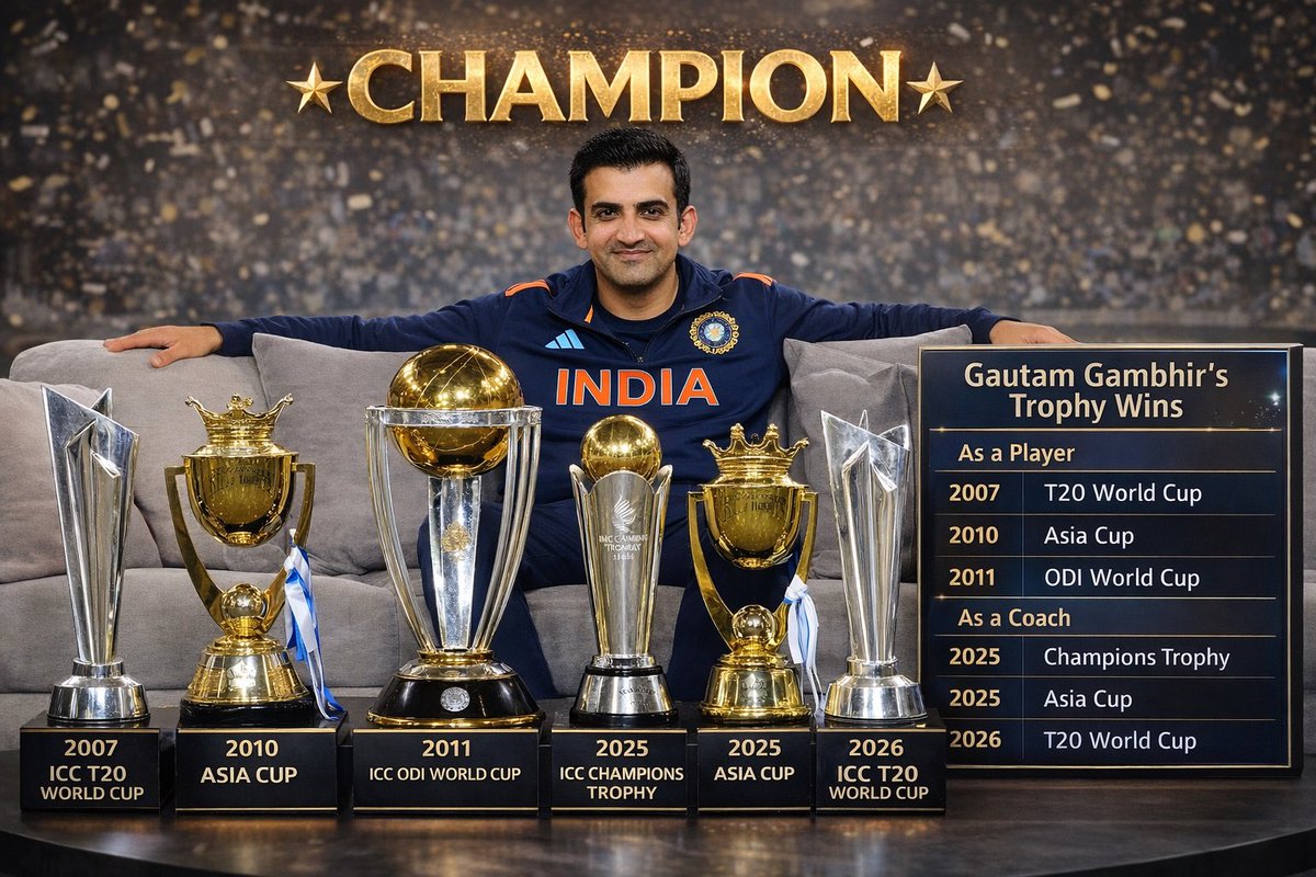 sunielpatil23's tweet photo. 🏆From Player to Coach – Champion Mindset! Gautam Gambhir’s trophy cabinet keeps growing 🇮🇳
6️⃣Trophies. 1️⃣ Champion.
👤 As Player
• 2007 –T20 WC
• 2010 –Asia Cup
• 2011 –ODI WC
🧠 As Coach
• 2025 –Champions Trophy
• 2025 –Asia Cup
• 2026 –T20 WC
#T20 #worlcup2026 #Gambhir https://t.co/A99Wmxrmba