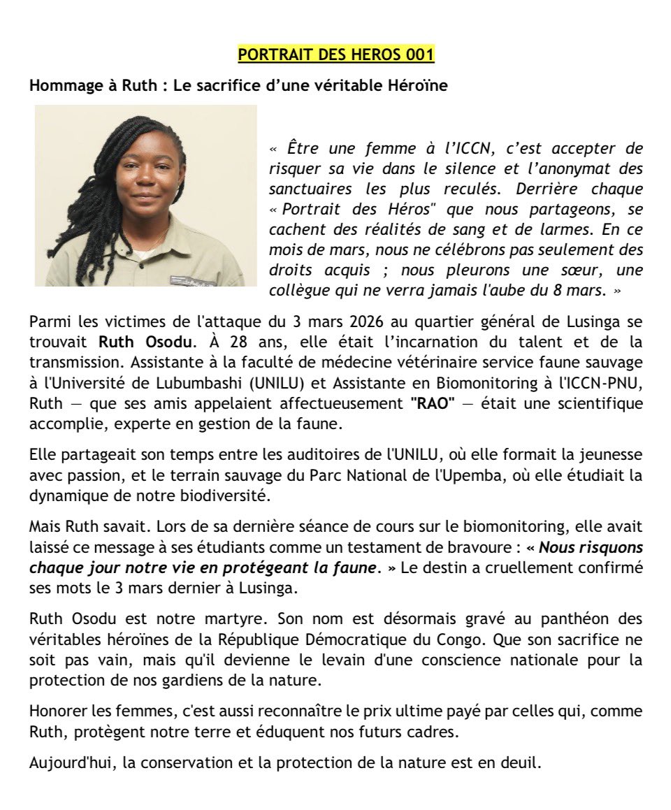 IccnRdc's tweet photo. Hommage à Ruth

En ce mois de mars, nous ne célébrons pas seulement des droits acquis ; nous pleurons une sœur, une collègue qui ne verra jamais l'aube du 8 mars.»
@Presidence_RDC 
@ngangay_y 
#PORTRAIT_DES_HEROS 
#JeSuisUpemba
#PortraitDesHeros
#ICCN
#RDC https://t.co/LhkdRZmDjR