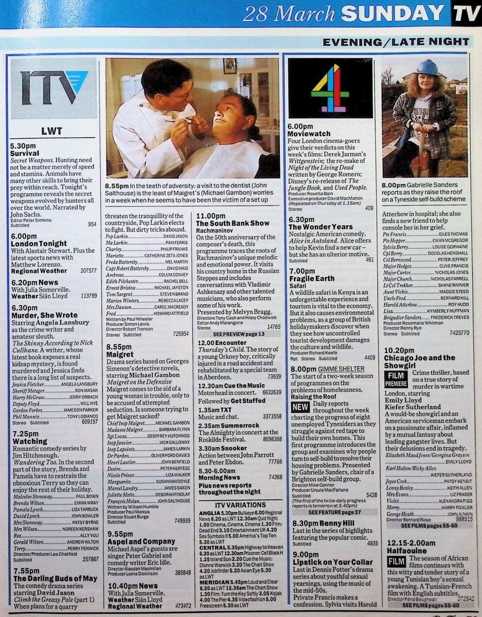 TvDidYouSee's tweet photo. #OnThisDay 28 March 1993 📺TV Listings
#EwanMcGregor in the last part of LIPSTICK ON YOUR COLLAR.
New bittersweet comedy YOU, ME AND IT begins.
#FionaShaw in Screen Two: MARIA'S CHILD.
#DonWarrington guest stars in LOVEJOY.
More from #DavidJason in THE DARLING BUDS OF MAY. https://t.co/7Eju0nRW8g