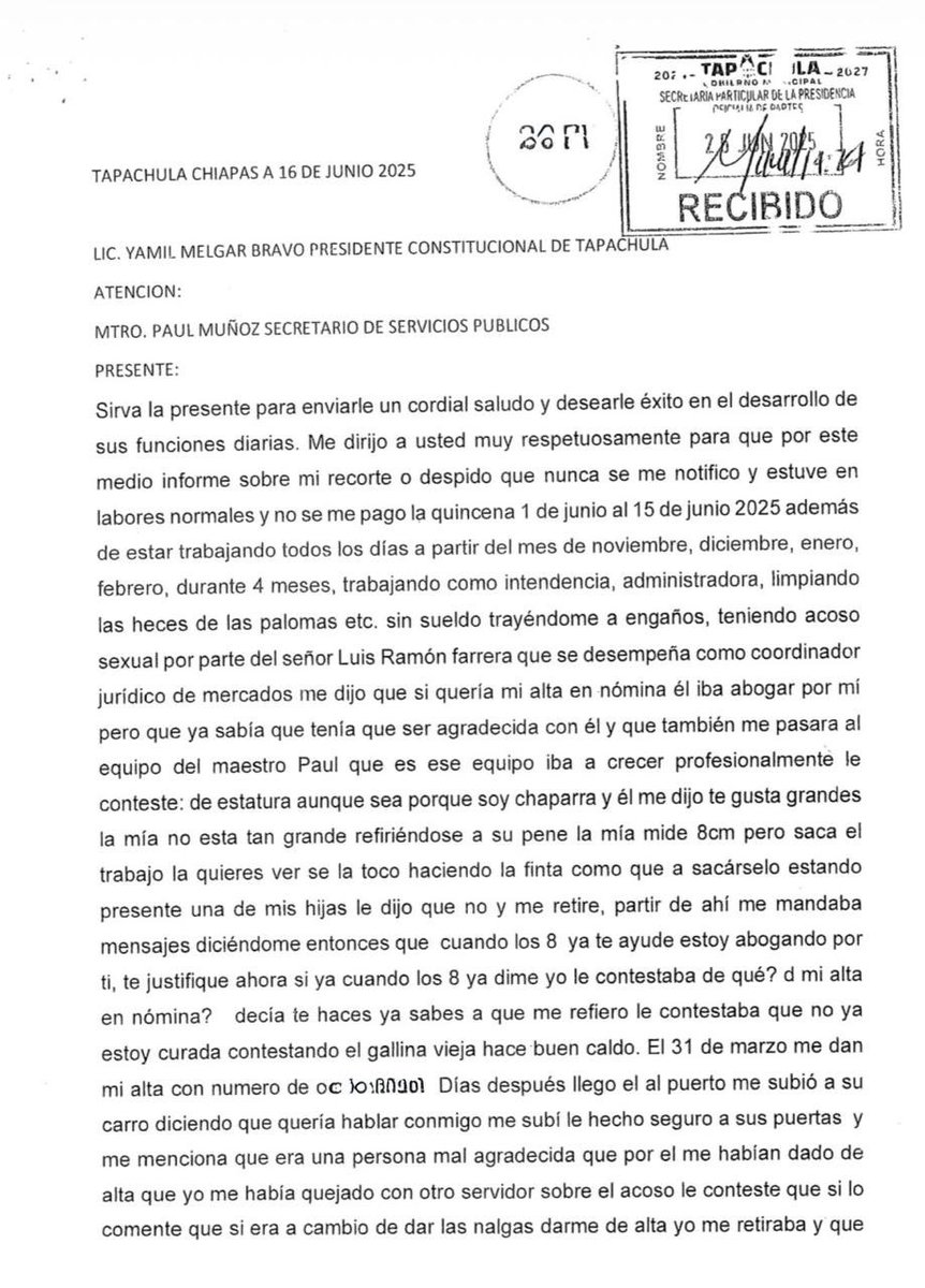 GabyCoutino's tweet photo. #Mujer #Trabajadora denuncia #AcosoSexual de funcionario del área de mercados del #Ayuntamiento de #Tapachula #Chiapas. Solicita la intervención efectiva de las autoridades de la alcaldía a cargo de @yamilmelgar, ya que teme por su integridad. #8Marzo2026 #NiUnaMás https://t.co/jNV1DfaOGU