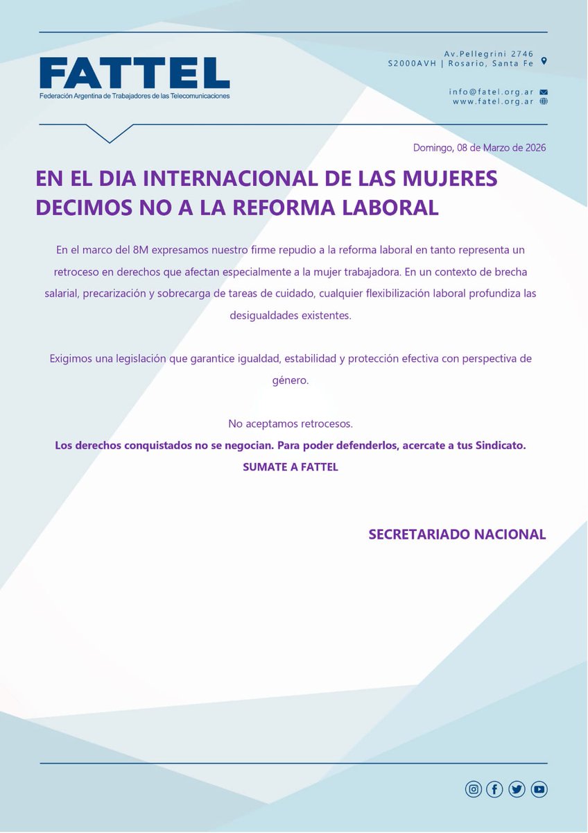 FATTELorg's tweet photo. #8M 

Los derechos conquistados no se negocian. Para poder defenderlos, acercate a tu Sindicato. 

SUMATE A FATTEL https://t.co/LUeGXtusTZ