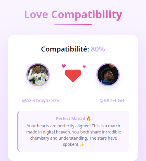 Mon amour compatibilité avec <a href="/BK7FCGB/">BK7 🇯🇲</a> est 80%

➡️ infinitetweet.me/love-calculato…