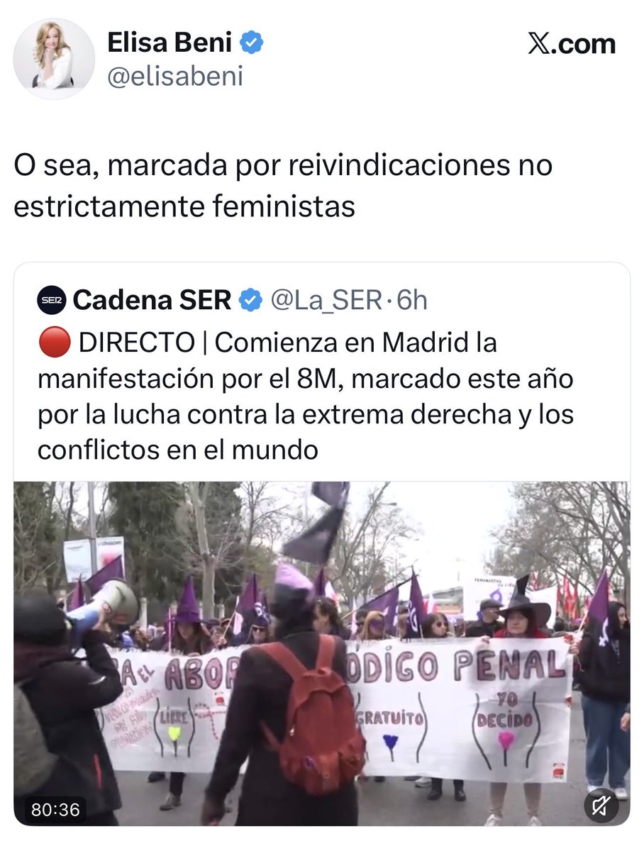 Ser feminista es estar en contra de la extrema derecha y del lugar que destinan a las mujeres.
Siguiente cuestión.