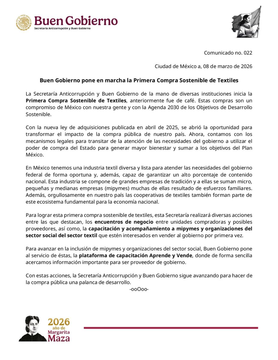 BuenGobierno_mx's tweet photo. #ComunicadoBuenGobierno

La Secretaría Anticorrupción y #BuenGobierno de la mano de diversas instituciones, pone en marcha la primera Compra Sostenible de Textiles.

Con estas acciones, seguimos avanzando para hacer de la compra pública una palanca de desarrollo.

📄https://t.co/aA1ZhKqk1D
