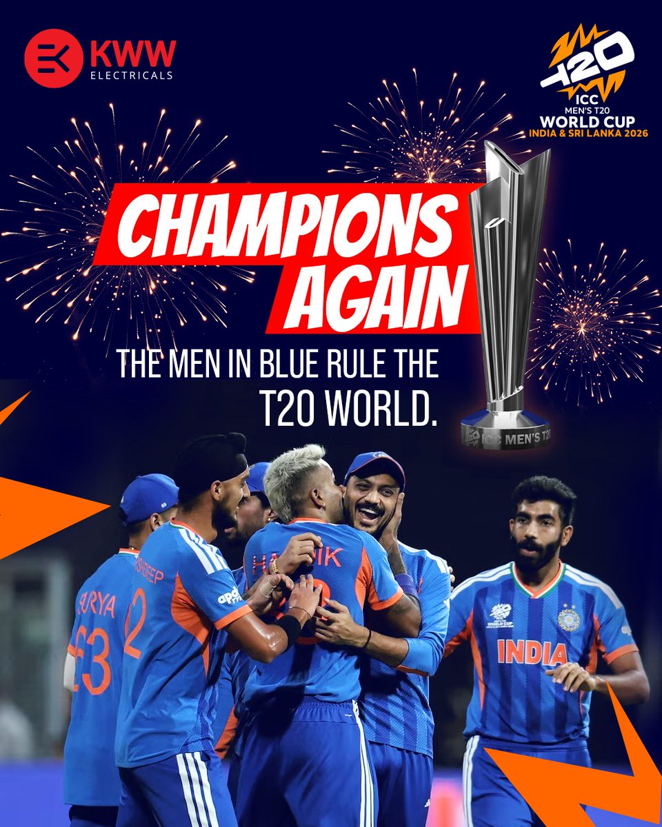 Champions once again! 🏆🇮🇳
The Men in Blue light up the world stage with an electrifying performance to conquer the T20 World Cup.
We celebrate the power, passion, and pride of Team India.
#ChampionsAgain #TeamIndia #T20WorldCup #KWWElectricals #MenInBlue kwwelectricals.com
