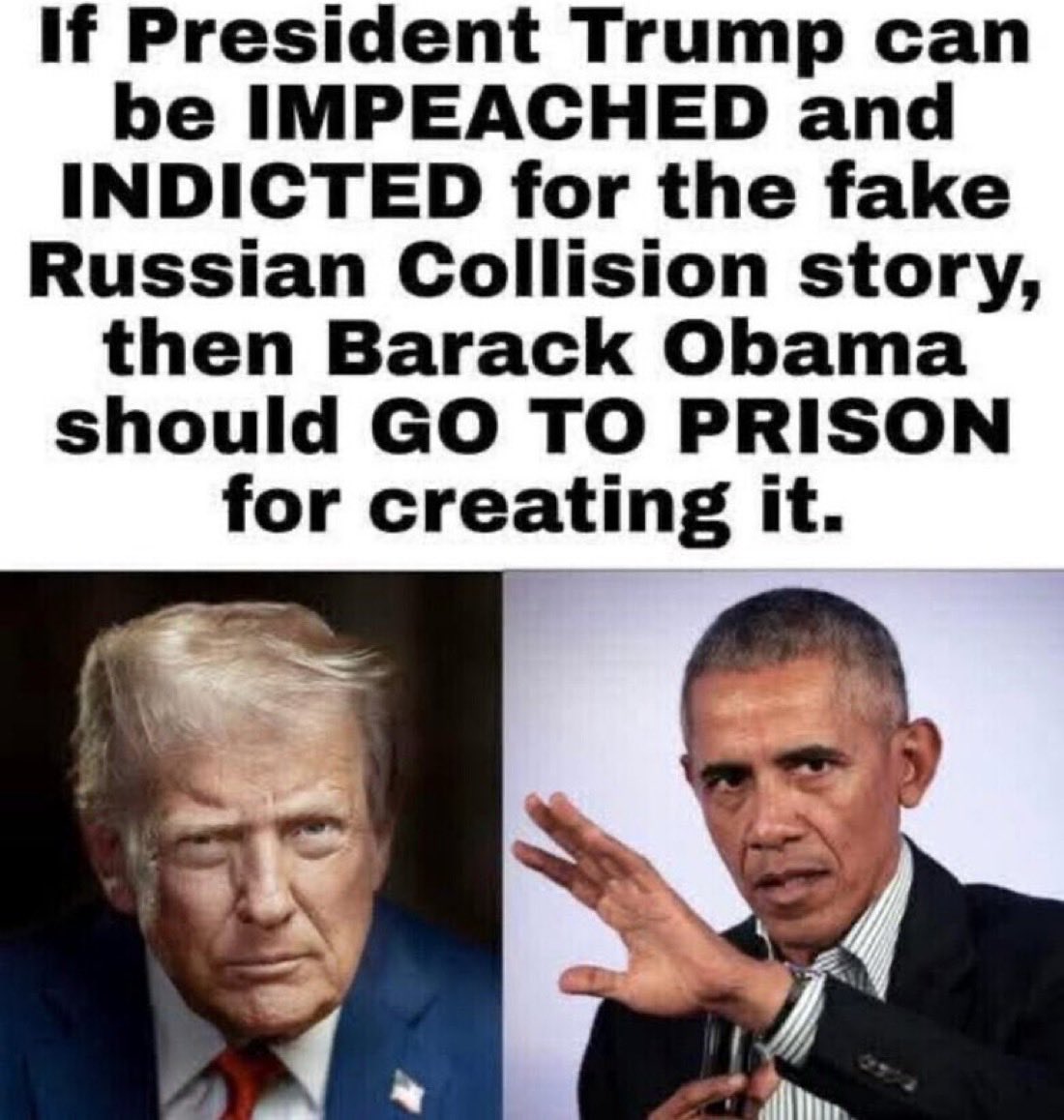 Blueverse01's tweet photo. 🚨 Serious Question.
Trump was impeached over the Russia collusion story.
If it was fabricated… should Obama go to prison?
YES or NO? https://t.co/qiV12XlYHu