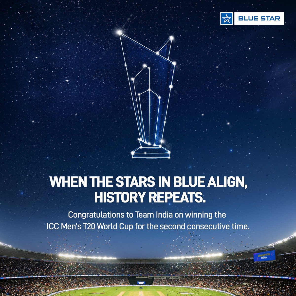 The stars have aligned. Congratulations to Team India on winning the ICC Men’s T20 World Cup for the second consecutive time.

#T20MensWorldCupFinal2026 #WorldCup2026Final #IndVsNZ #TeamIndia #BlueStar