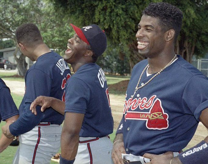 BBGreatMoments's tweet photo. David Justice, Ron Gant and Deion Sanders at spring training. The three were teammates from 1992-94, winning the pennant in 1992. https://t.co/k76qU8R4j8