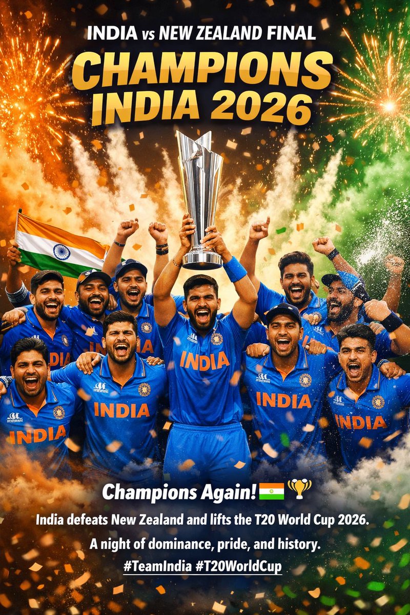 Harsh_OfficialX's tweet photo. “CHAMPIONS! 🇮🇳🏆
India defeats New Zealand to win the T20 World Cup 2026.
Another historic night for Team India! 🔥
#INDvsNZ #T20WorldCup #TeamIndia https://t.co/pkmi5wlRxX
