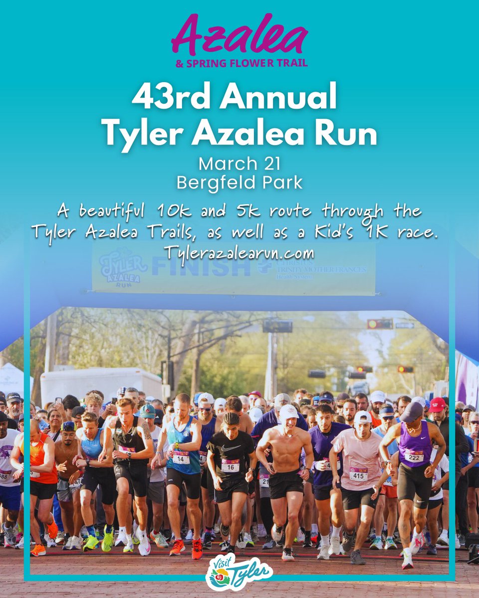 VisitTyler's tweet photo. Tyler Azalea Run
📍 Bergfeld Park
March 21

Run through the blooms 🌸

Choose from a 10K, 5K, or Kid’s 1K along the Azalea Trails. It’s one of the most scenic races of the year — and a true Tyler tradition. https://t.co/rG4UAUjdEd