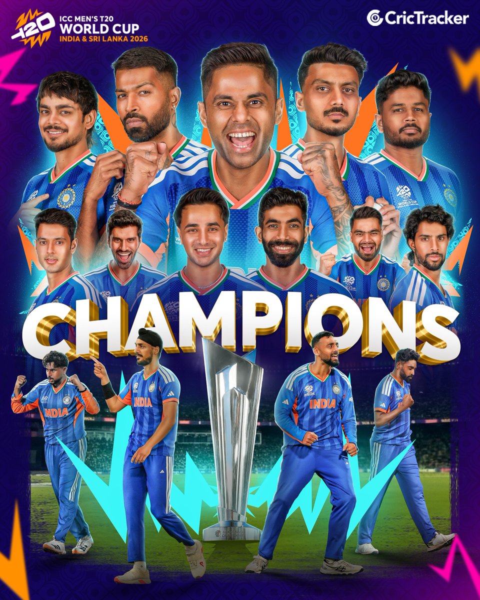 Cricketracker's tweet photo. 2⃣0⃣0⃣7⃣🏆
2⃣0⃣2⃣4⃣🏆
2⃣0⃣2⃣6⃣🏆

Third T20 World Cup title for India, the defending champions have done it again🏆 https://t.co/8y6KtgyE9q