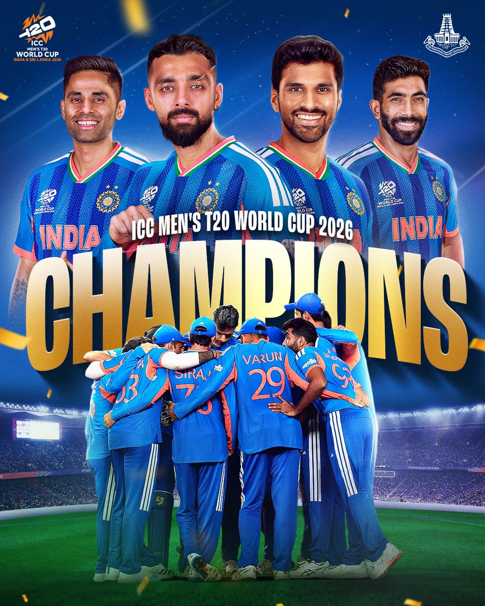 TNCACricket's tweet photo. 𝐂𝐇𝐀𝐌𝐏𝐈𝐎𝐍𝐒! 🏆

India are crowned champions once again at the ICC Men’s T20 World Cup 2026, as a relentless campaign sees them all the way to the title. 🏏🇮🇳

#TamilNaduCricket #TNCA #TNCricket https://t.co/sJ4OlHpWmp