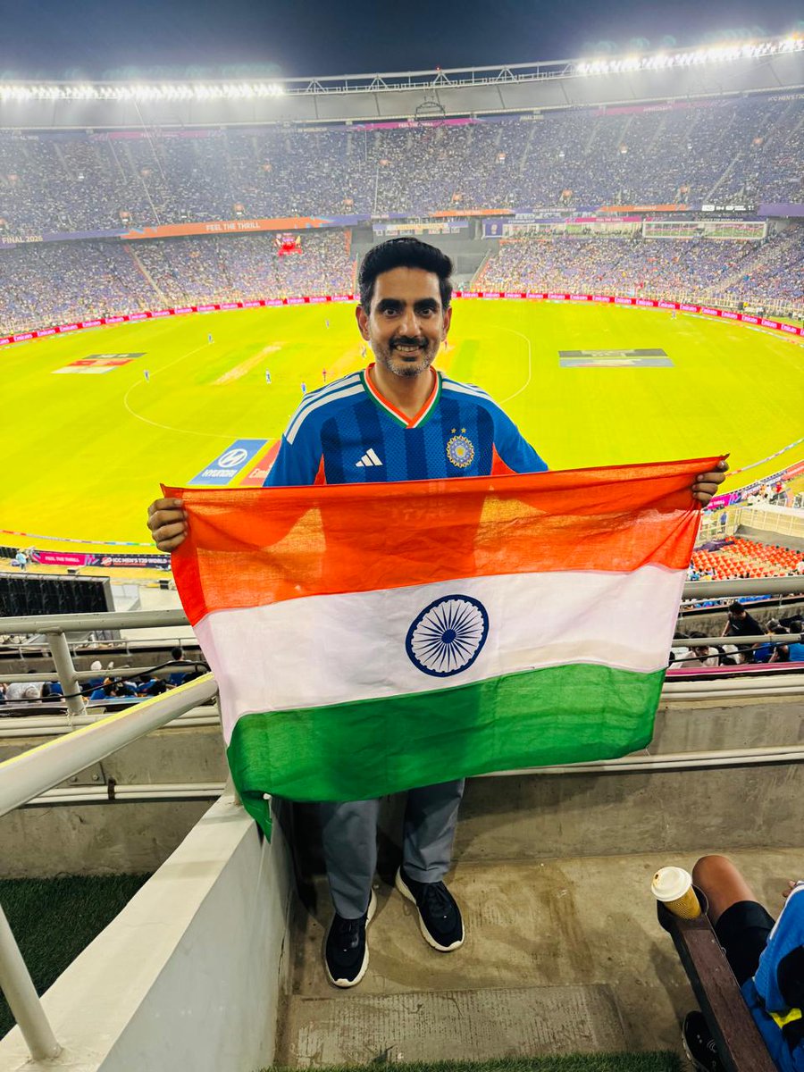 naralokesh's tweet photo. #INDvNZ 
#T20WorldCup2026final 
 
What a phenomenal moment for Indian cricket! I’m thrilled to witness Team India retain the #T20WorldCup26 in front of an electric crowd at Ahmedabad. The atmosphere at the stadium was simply unforgettable - a sea of blue roaring every ball.

Brilliant contributions from Sanju Samson and Abhishek Sharma with the bat, and a spectacular spell from Jasprit Bumrah to seal the victory.

Compliments to the ICC for organising a fantastic tournament that brought out the very best of the game.

Champions once again!
