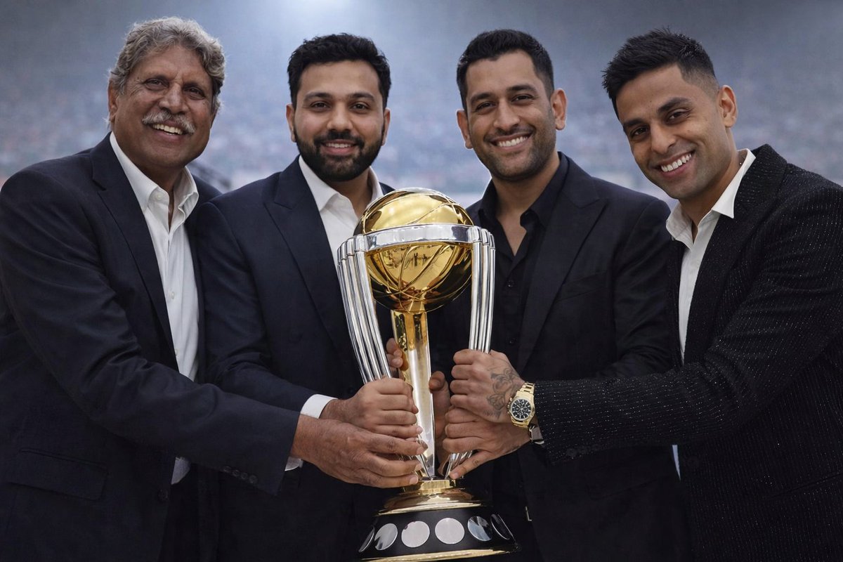 Kapil Dev ➝ Rohit Sharma ➝ MS Dhoni ➝ Suryakumar Yadav

Four eras, one pride – Team India. 🇮🇳🏆
And yes… 2026 bhi jeet gaye hum! 🔥

#WorldCup #WorldCup2026 #TeamIndia #CricketLegends 
#T20WorldCup2026final #WorldCup