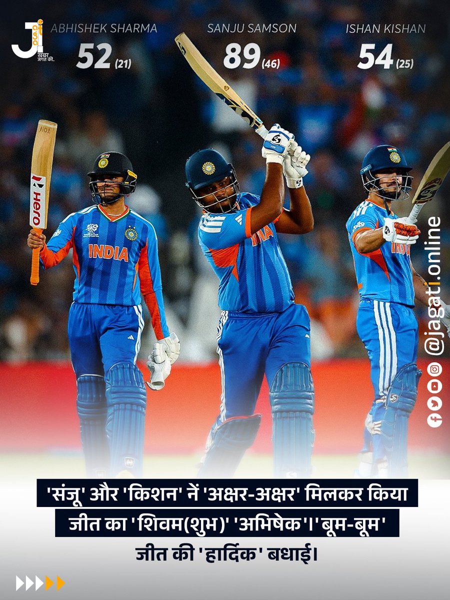 Jagationline's tweet photo. 'संजू' और 'किशन' नें 'अक्षर-अक्षर' मिलकर किया जीत का 'शिवम(शुभ)' 'अभिषेक'।
'बूम-बूम' जीत की 'हार्दिक' बधाई।

हम हैं T20 के विश्व चैंपियन

#INDvsNZ #FinalMatch #T20WorldCup2026final #Champions https://t.co/Ux6bEI0eah