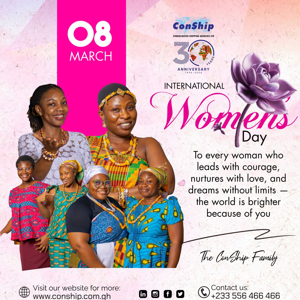 conshipgh's tweet photo. To every woman who leads with courage, nurtures with love, and dreams without limits — the world is brighter because of you. Thank you for the difference you make every single day. 

Happy International Women's Day! 💐
📞 +233 55 646 6466
🌐 https://t.co/ztu7MgYkBg https://t.co/orqrRsfS9p