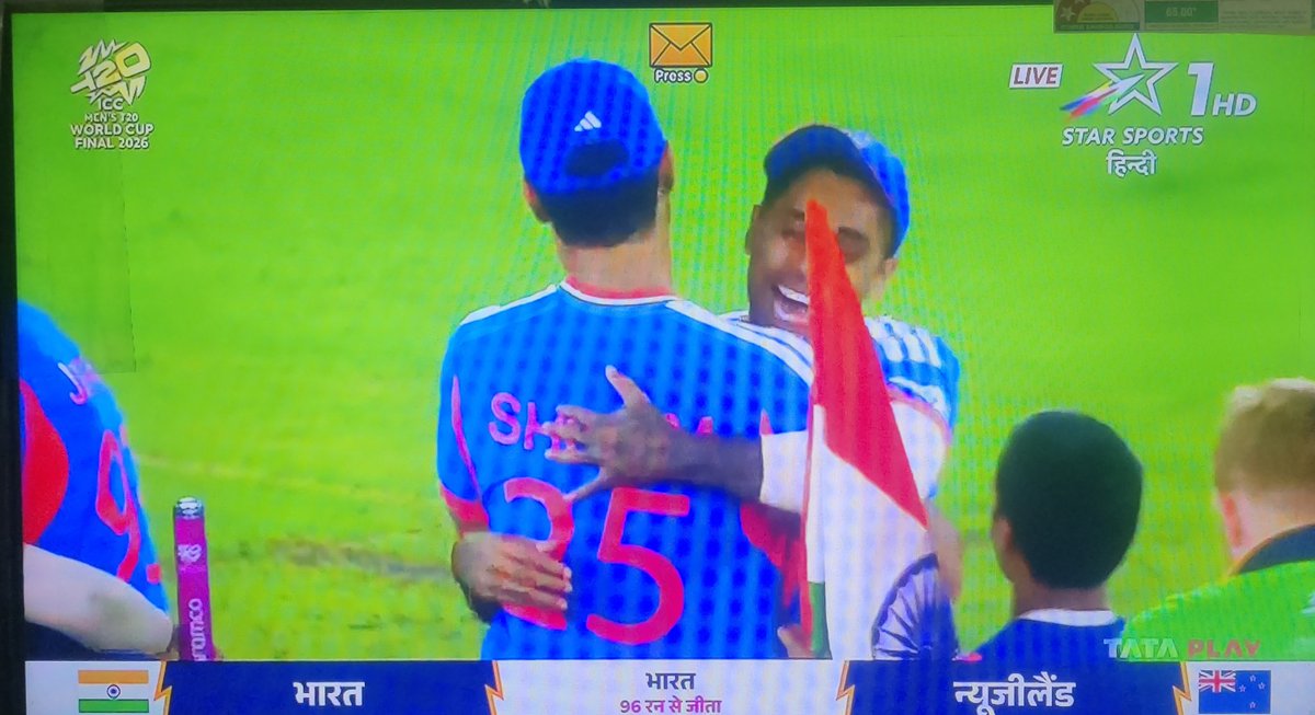 meena_sukhchand's tweet photo. भारत ने T20 वर्ल्ड कप फाइनल में न्यूजीलैंड  को 96 रन से हराया l
लगातार 2 World Cup एवं घर पर खिताब जीतने वाली एवं कुल 3 T20 World Cup जीतने वाली पहली टीम बनी 
बधाई हो 🎇🎇🎉🎉
T20WorldCup2026
@bcci
@IamSanjuSamson
@Jaspritbumrah93 @hardikpandya7 @IamShivamDube #T20WC2026 https://t.co/0Cxr0OpXK1