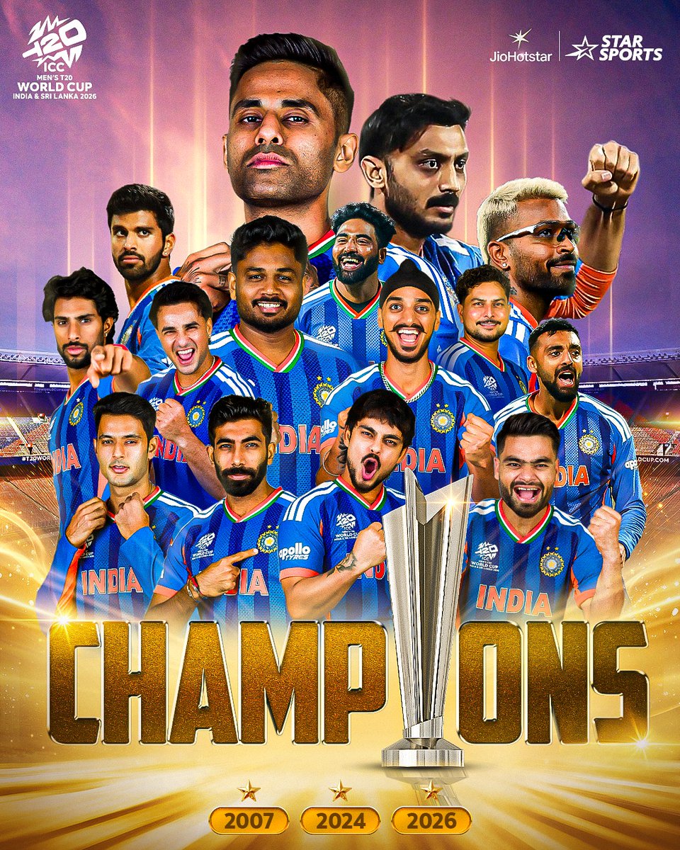 GirrajG18404's tweet photo. "History rewritten in Ahmedabad! 🏟️ 3 Titles. Back-to-back Champions. The era of Blue dominance continues! 💙
 #BleedBlue
 #T20WC2026"
@surya_14kumar 
@JayShah 
@BCCI 
@cricketworldcup 
@ICC 
@imVkohli 
@ImRo45 
@msdhoni https://t.co/8nvh4JeFcc