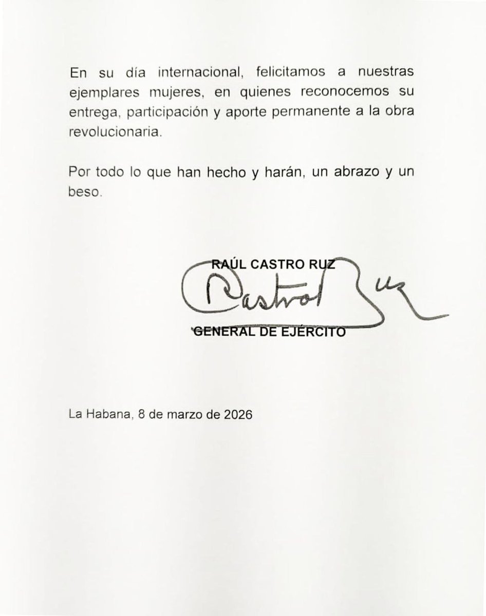 🇨🇺| General de Ejército Raúl Castro Ruz:
En su día internacional, felicitamos a nuestras ejemplares mujeres, en quienes reconocemos su entrega, participación y aporte permanente a la obra revolucionaria.

Por todo lo que han hecho y harán, un abrazo y un beso.