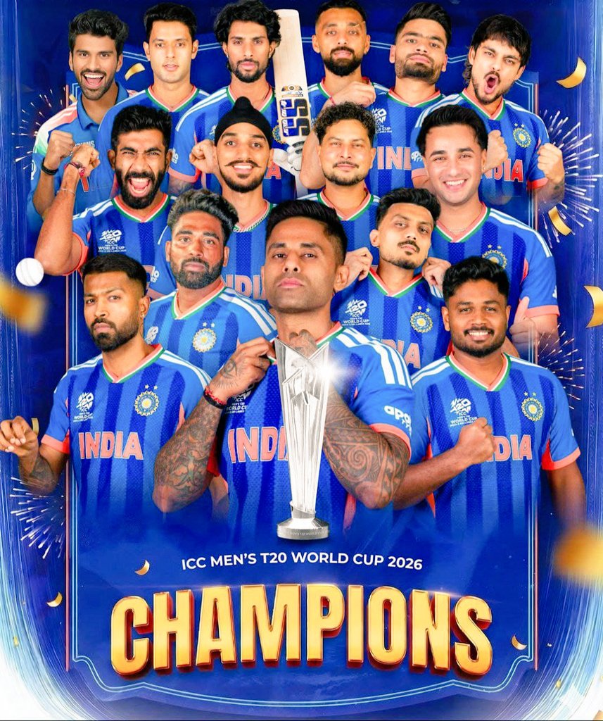 ICCLive_Score's tweet photo. Yes!!!! 3 Time Champions. Back 2 Back Champions. First team to win at home. Tough luck New Zealand 🇳🇿. Well played India 🇮🇳. Congratulations 🎊 @BCCI

#T20WorldCup2026final #INDvNZ  #INDvNZ https://t.co/4JQap9aaWu