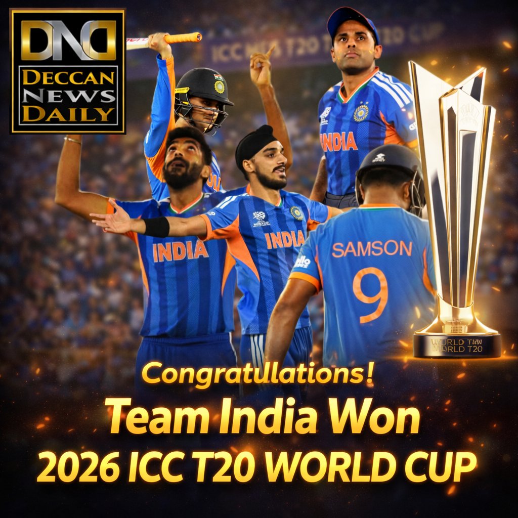DailyDeccan's tweet image. Team India Won the 2026 ICC T20 World Cup! A moment of pride for the entire nation. Congratulations to our heroes! 
#TeamIndia #WorldCupFinal #T20WorldCup2026final #IndiaVsNewZealand