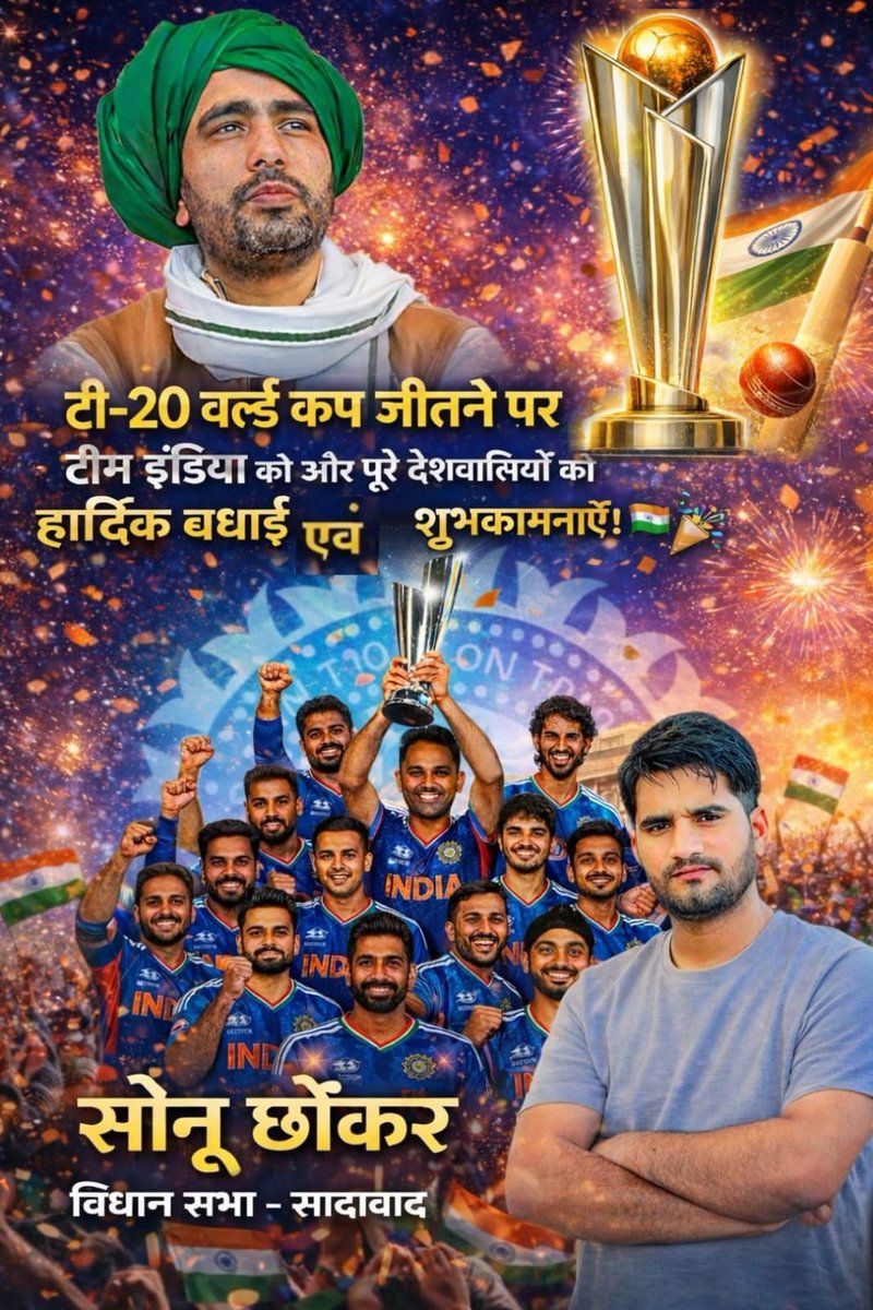 टीम इंडिया को T20 विश्व कप जीतने पर हार्दिक बधाई एवम् शुभकामनाए 
#RLD 
 
<a href="/jayantrld/">Jayant Singh</a> ♥️

#T20WorldCup2026final