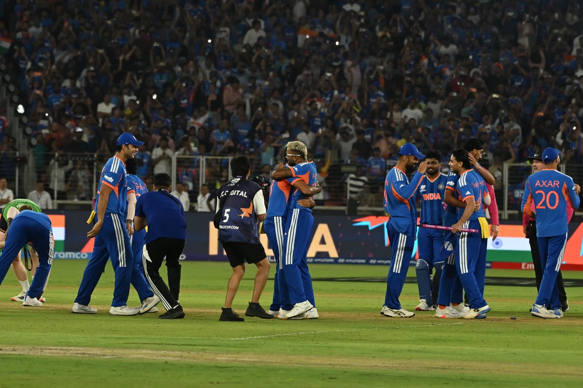Xpress_Sports's tweet photo. India team players celebrate after winning the T20 World Cup. They become first team to defend T20 crown and win this title at home. 

@ddmallick https://t.co/7V52JxTRct