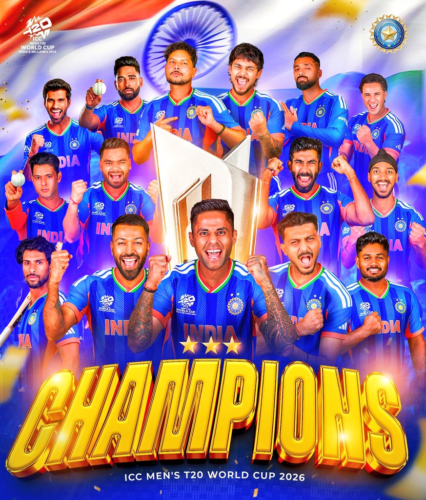 JaxonWeb's tweet photo. 𝐂.𝐇.𝐀.𝐌.𝐏.𝐈.𝐎.𝐍.𝐒 🇮🇳

we clinch a record, 3️⃣rd ICC Men's T20WorldCup title 🏆

Take. A. Bow 🫡

Now we have 3 T20 WORLD CUPS 
NOW we have 2 ODI WORLD CUPS 

NOW WE ARE THE CHAMPIONS 💪 

#MenInBlue | #Final | #INDvNZ https://t.co/ORnHSDFjAI