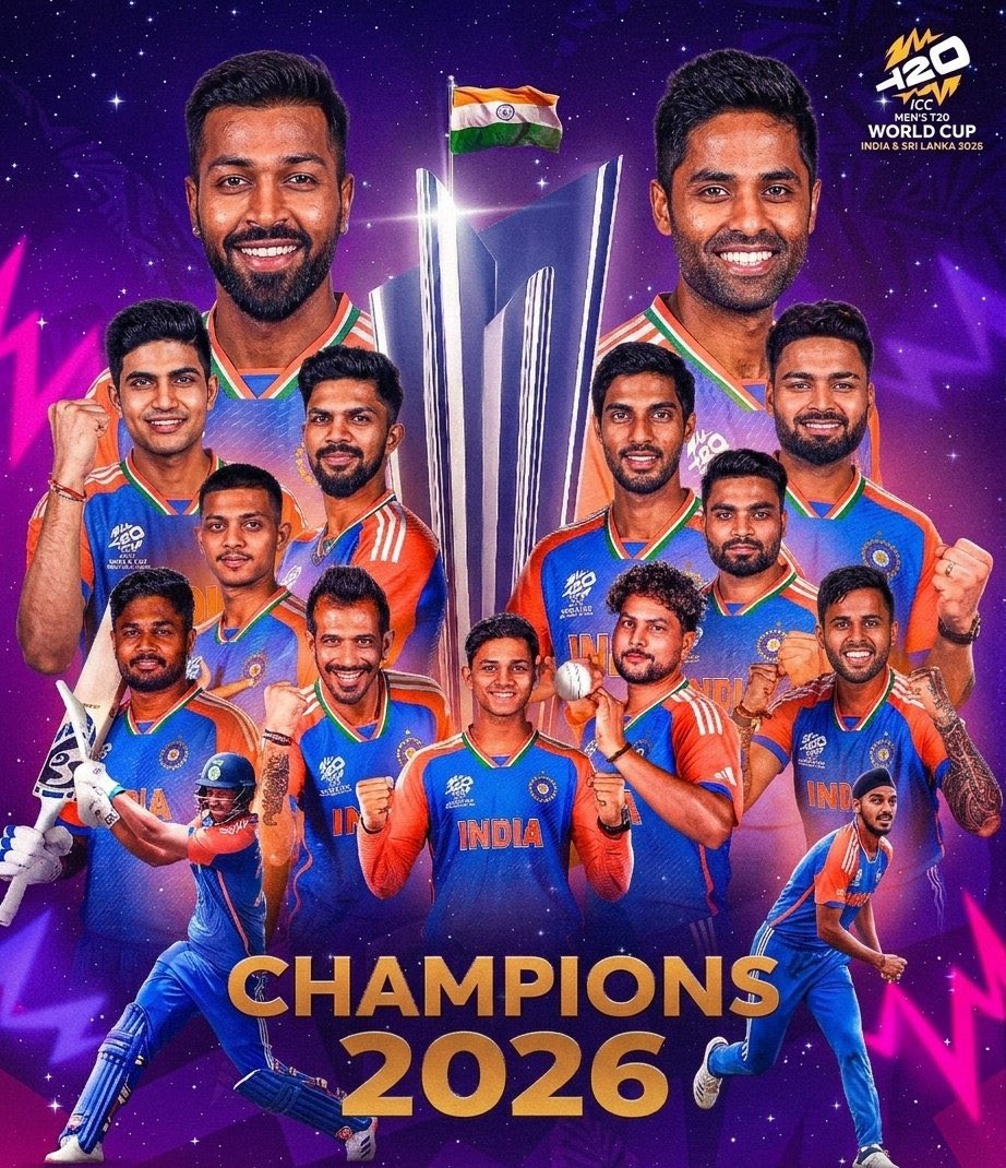 Sachintraveller's tweet photo. The Indian team defeated New Zealand to become world champions for the third time.

#T20WorldCup  #INDvsNZ #T20WorldCup2026final https://t.co/VDgQLELBYX
