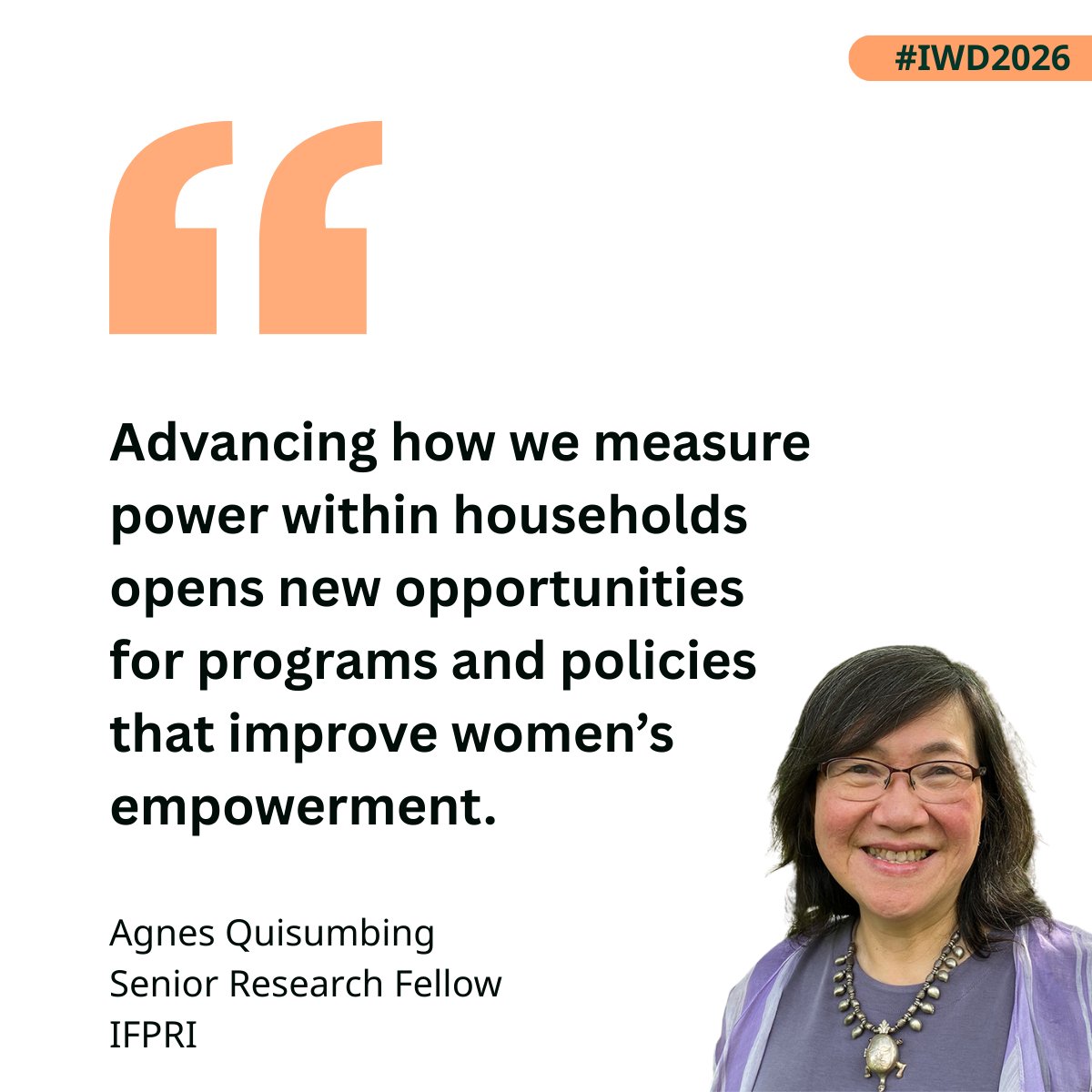 IFPRI's tweet photo. On #IWD2026, @agnesquis shares how her research with IFPRI's Poverty, Gender, and Inclusion unit opens new opportunities for programs and policies that improve women’s empowerment. 

Learn more about Agnes Quisumbing’s research on empowerment here: https://t.co/CaNn1P9F1i 

@CGIAR #ForAllWomenAndGirls #WithScienceWeCan