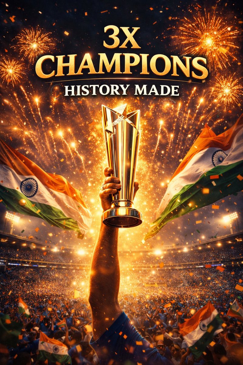 VizlaGaming's tweet photo. HISTORY. 🏆🇮🇳

India wins the T20 World Cup 2026.

✅ First team to defend the title
✅ First team to win on HOME SOIL
✅ 3x World Champions

255/5 in the final. Untouchable.
 #T20WorldCup2026final #IndiaVsNewZealand #INDvsNZ #TeamIndia #Champions https://t.co/ivAiYHusLx