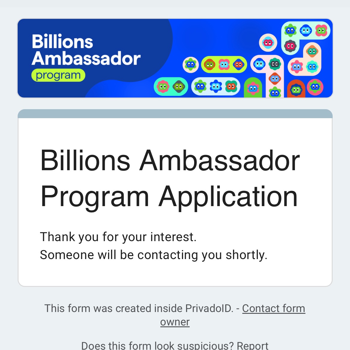 Happy gBillions fam 💙

Just submitted my application for the <a href="/billions_ntwk/">Billions</a> Ambassador Program! 🚀

TGE vibes are real as we hit the second week of March, and I’m hyped to potentially level up and help build this Proof-of-Human &amp; AI Agent ecosystem even stronger.

If i got