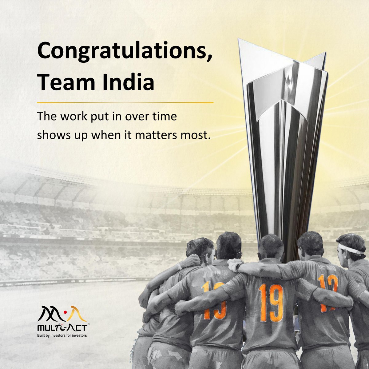 Multi_act's tweet photo. You cannot plan moments like this. You can only trust the people you backed to deliver when it matters.

Not luck. Not chance. Just a team that did the quiet work long before the world was watching.

Congratulations, Team India.

#MultiAct #T20WC2026 https://t.co/xWaCJA6qSr