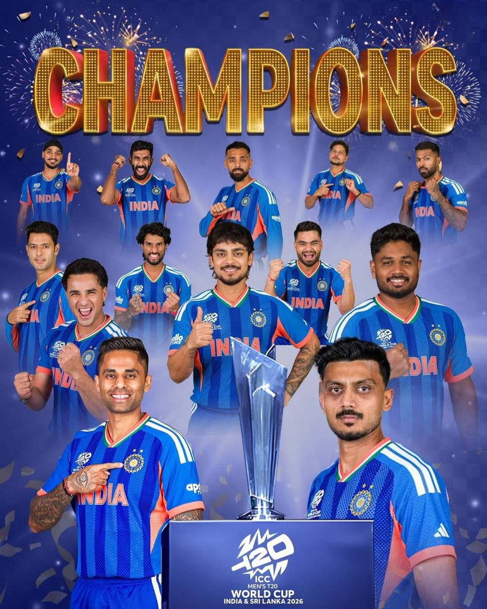 CopSandhya's tweet photo. भारत ने जीता टी-20 वर्ल्ड कप बधाई हो 
जय हिंद 🇮🇳🇮🇳🇮🇳

 #T20WorldCup2026final https://t.co/90sktw9idr