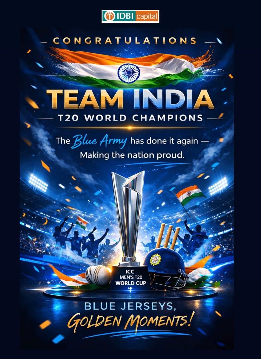 A victory that unites a billion hearts. 🇮🇳🏏
India brings home the T20 World Cup with passion, teamwork, and determination.
<a href="/idbidirect/">IDBI direct</a> celebrates  this incredible moment of national pride 
#T20 #WorldCup #India IDBICapital