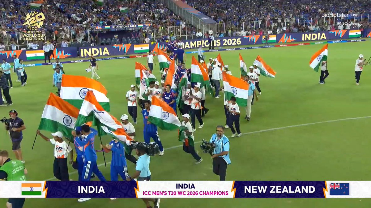 Jiya_med's tweet photo. 🇮🇳🏆 World Cup Champions!
India conquers the world today!
A billion hearts, one dream, one victory.
History made, pride restored — India stands as World Champions! 💙#INDvsNZ #T20WorldCup2026final https://t.co/W0a5mHf3Cu