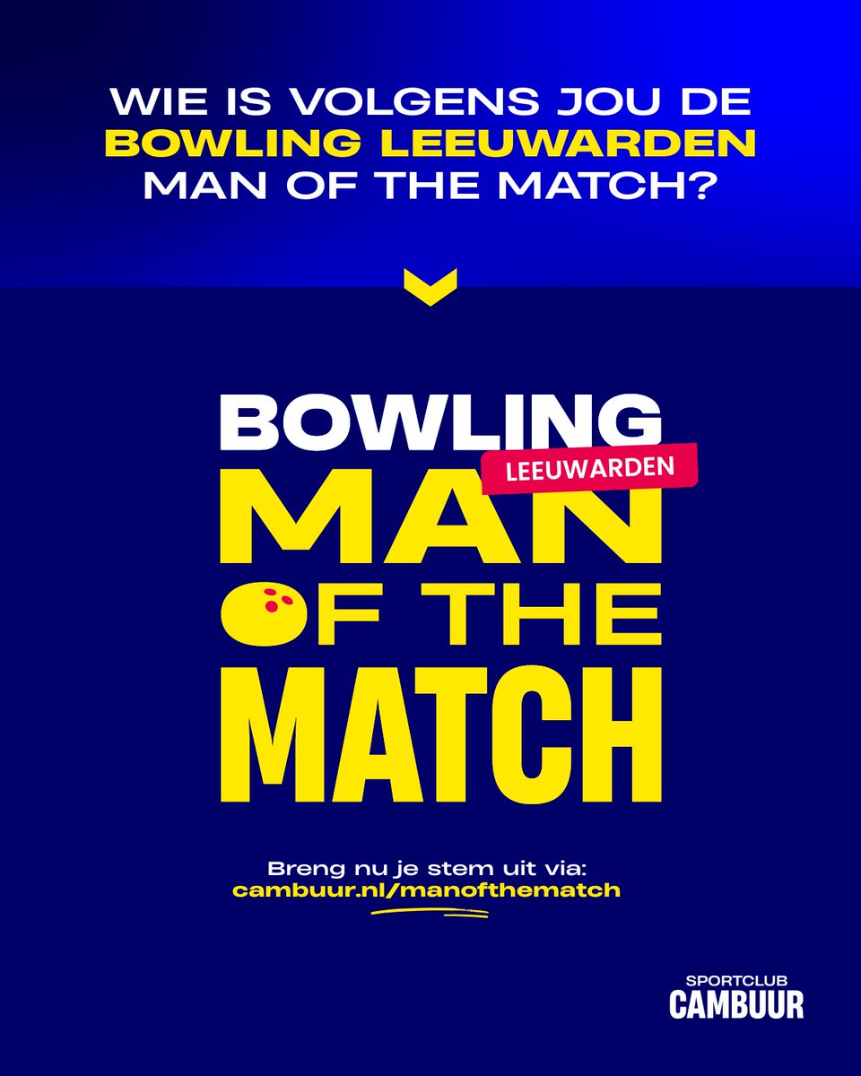 SCCambuurLwd's tweet photo. Wie is jouw Bowling Leeuwarden Man of the Match? 🌟
Stem nu ➡️ https://t.co/942LPWnNCw
#CAMJUT https://t.co/nxEbFN99Ny