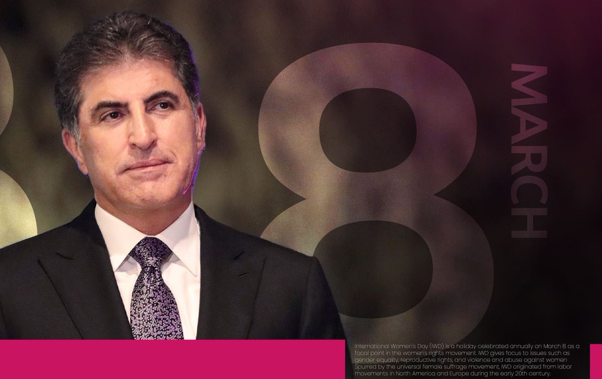 EchoKurd's tweet photo. President Nechirvan Barzani congratulates women of Kurdistan &amp; The World

8 March, Kurdistan President Nechirvan Barzani marked International Women’s Day by praising women and pledging continued support for their rights, inclusion, and safety.

https://t.co/58nKp6zQN4 https://t.co/lxmtp6P1hR
