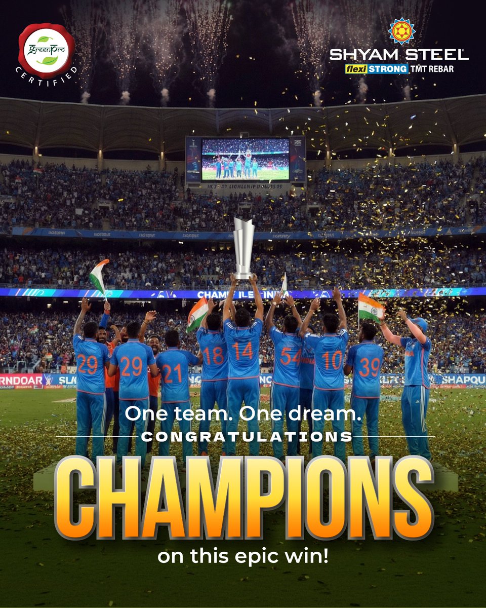 ShyamSteelIndia's tweet image. Champions once again!

What a phenomenal moment for cricket fans everywhere as the India national cricket team lifts the trophy in the ICC Men's T20 World Cup 2026.

#Champions2026 #MensT20 #TeamIndia #VictoryMoment #CricketCelebration #ShyamSteel #FlexiStrong
