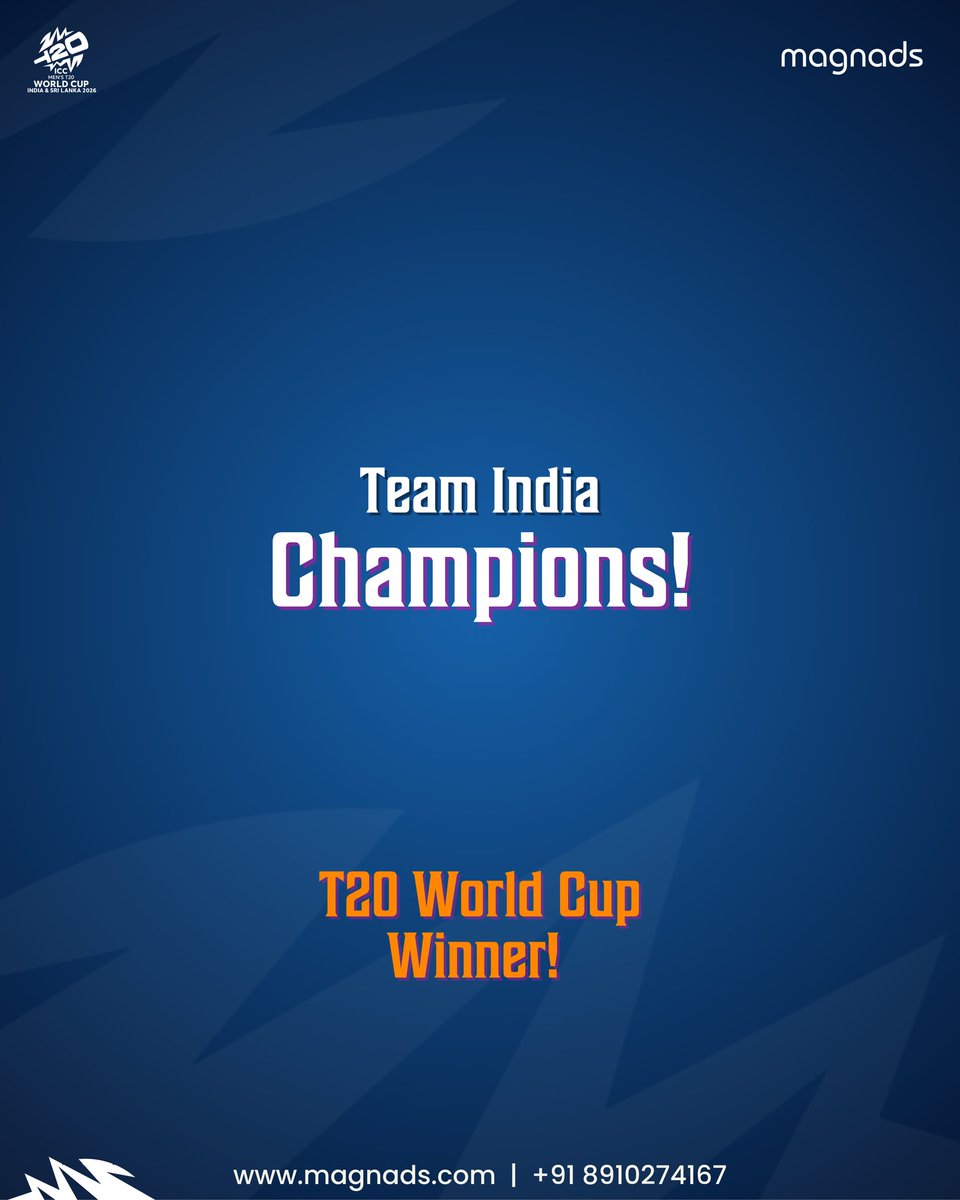 Magnadsofficial's tweet photo. History created! 🇮🇳🔥
Team India defeats New Zealand and becomes the champions of the ICC Men's T20 World Cup 2026.
Bleed Blue forever! 💙🏆

#TeamIndia
#WorldChampions
#T20WorldCup
#INDvsNZ
#T20WorldCup2026final https://t.co/Jvs3Ng2wmG
