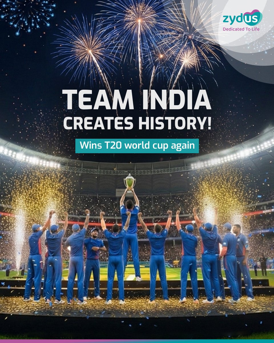 ZydusUniverse's tweet photo. The throne remains with us! India makes history as the first-ever team to successfully retain the T20 World Cup trophy. A record-breaking feat by a world-class side.

Congratulations Team India! Dil Jeet Liya. 

#T20WorldCup #Winners #Champions #Zydus #ZydusGroup https://t.co/o9sMZtDBkD